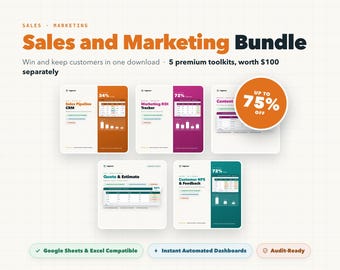 Sales Marketing Bundle, CRM Pipeline, ROI, Content Calendar, Quotes