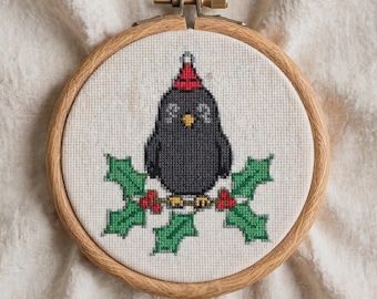 Christmas Raven Cross Stitch Pattern, Gothic Holly Bird Embroidery PDF, Spooky Winter Chart