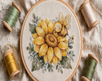 Honey Bee Cross Stitch Pattern Mini Sunflower PDF Chart Garden Gift Decor