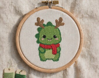 Christmas Dinosaur Cross Stitch Pattern, Cute Reindeer Dino Embroidery PDF, Kawaii Holiday Chart