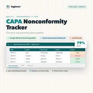 May include: A digital CAPA Nonconformity Tracker template featuring a spreadsheet interface with columns for NCR, Source, Root Cause, Action, and Status. The display shows a 79% closed rate, with rows labelled for audit, customer, supplier, and internal data.