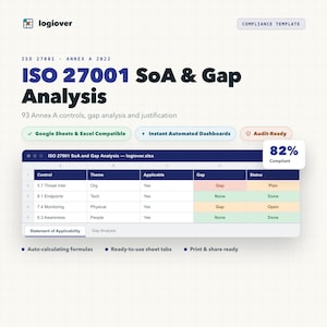 May include: A digital template for ISO 27001 SoA and Gap Analysis featuring a spreadsheet interface with columns for Control, Theme, Applicable, Gap, and Status. The display shows 82% compliant status, auto-calculating formulas, and tabs.