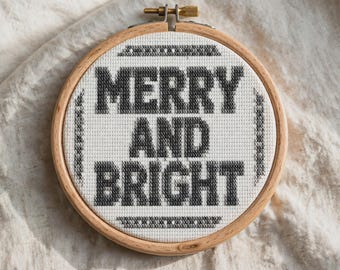 Merry and Bright Cross Stitch Pattern, Modern Christmas Quote PDF, Easy Holiday Sampler