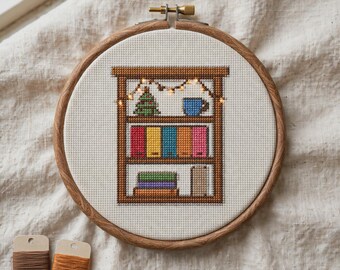 Christmas Bookshelf Cross Stitch Pattern, Cozy Bookish Holiday Embroidery PDF, Fairy Lights Chart