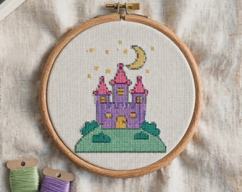 Enchanted Castle Cross Stitch Pattern, Fairytale Landscape Embroidery PDF, Fantasy Moon Chart