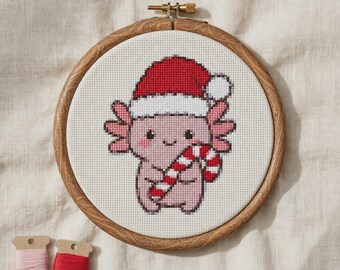 Christmas Axolotl Cross Stitch Pattern, Kawaii Santa Hat Embroidery PDF, Cute Holiday Chart