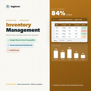 May include: A digital inventory management dashboard template by Logiover featuring a spreadsheet interface with SKU, product, quantity, reorder, and status columns. It includes a bar chart showing stock levels by category and text labels for operations.