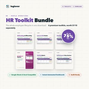 May include: A digital HR Toolkit Bundle featuring six distinct toolkits for the employee lifecycle, including Onboarding, Offboarding, Leave, PTO, Timesheets, Recruitment, Training, and Performance reviews, compatible with Google Sheets and Excel.