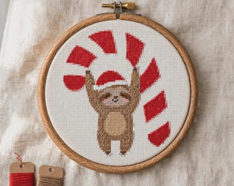 Christmas Sloth Cross Stitch Pattern, Cute Candy Cane Embroidery PDF, Kawaii Holiday Chart
