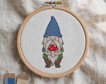 Garden Gnome Cross Stitch Pattern, Cute Mushroom Embroidery PDF, Cottagecore Beginner Chart