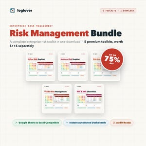 Puede incluir: Un paquete digital de gestión de riesgos con cinco herramientas: Cyber Risk Register, Business Risk Register, Risk Assessment, Vendor Risk Management y KYC & AML Client Risk. Incluye una insignia roja con Up To 75% Off.