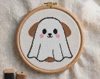 Ghost Dog Cross Stitch Pattern, Cute Puppy Halloween Costume Embroidery PDF, Pet Lover Gift