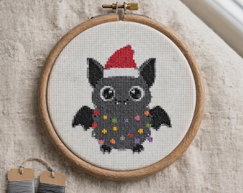 Christmas Bat Cross Stitch Pattern, Cute Gothic Holiday Embroidery PDF, Creepmas Lights Chart