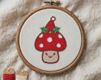 Christmas Mushroom Cross Stitch Pattern, Cottagecore Toadstool Santa Embroidery PDF, Holly Chart