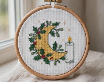 Yule Moon Cross Stitch Pattern, Witchy Winter Solstice Embroidery PDF, Holly Candle Chart