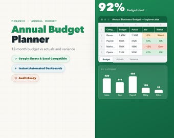Annual Business Budget Planner, 12-Month Income Expense Tracker