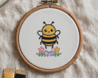 Honey Bee Cross Stitch Pattern, Cute Floral Garden Embroidery PDF, Easy Botanical Chart