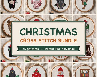 Christmas Cross Stitch Pattern Bundle, 26 Cute Creepmas PDF Designs, Santa Reaper Axolotl Set