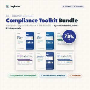 May include: A digital Compliance Toolkit Bundle by Logiover featuring six toolkits including DORA, SOC 2, HIPAA, PCI DSS, NIST CSF 2.0, and GDPR. The graphic displays a 75% off badge, dashboard previews, and text indicating Google Sheets and Excel compatibility.