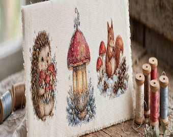 Mushroom Cottagecore Christmas Cross Stitch Pattern Set, 3 Woodland PDF Charts, Forest Gift
