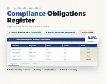 Compliance Obligations Register, Legal Tracker, ISO 14001, 45001, 27001
