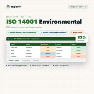 May include: A digital ISO 14001 Environmental compliance template for Google Sheets and Excel. The interface displays a spreadsheet with columns for Aspect, Impact, Significance, Control, and Status, featuring an 82% Conformity indicator.