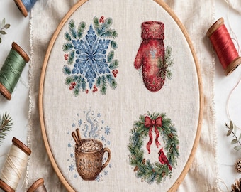 Winter Sampler Cross Stitch Pattern Set, 4 Snowy Mini PDF Charts