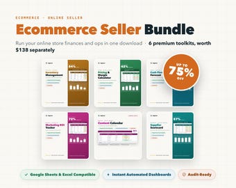 Ecommerce Seller Bundle, 6-in-1 Inventory, Pricing, Cash Flow, Marketing, Content Calendar