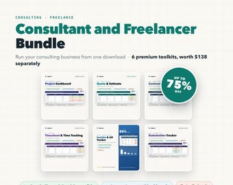 Consultant Freelancer Bundle, 6-in-1 Project Dashboard, Quotes, Contracts, Timesheet, Invoice Tracker