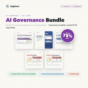 May include: An AI Governance Bundle digital product display featuring five toolkits including ISO 42001 AI Management, NIST CSF 2.0 Assessment, DPIA Assessment, Cyber Risk Register, and Vendor Risk Management with a purple 75% off badge.
