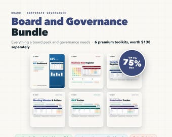 Board Governance Bundle, 6-in-1 KPI Dashboard, Risk Register, OKR Tracker