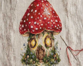 Mushroom House Cross Stitch Pattern Mini Cottage PDF Chart Woodland Gift