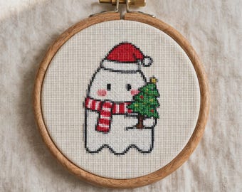 Christmas Ghost Cross Stitch Pattern, Cute Santa Hat Embroidery PDF, Spooky Holiday Chart