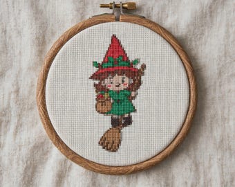 Christmas Witch Cross Stitch Pattern, Cute Witchy Holiday Embroidery PDF, Yule Broom Chart