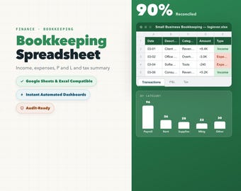 Small Business Bookkeeping Spreadsheet, Income Expense Tracker, Profit Loss Ledger