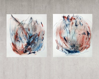 Abstract Watercolor Diptych, Bursting Bud Original Art (28x14.5)