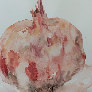 Natura morta ad acquerello originale con melograno. Rosso, ruggine, marrone. Acquerello su carta senza cornice.