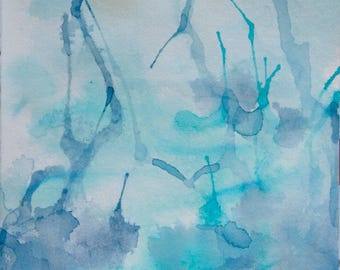Original abstract watercolor painting in soft pastel aqua blue colors (20x25cm, 8"x10")