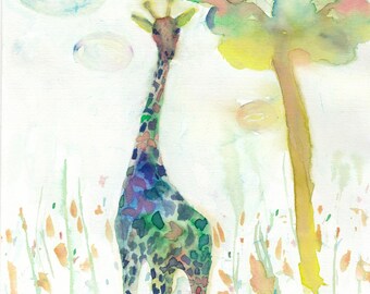 Giraffe Nursery Print: Dreamy Blue, Green, Purple Animal Art (Digital Download)