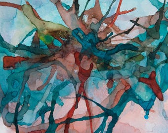 Original abstract watercolor painting in bright colors (20x25cm, 8"x10")