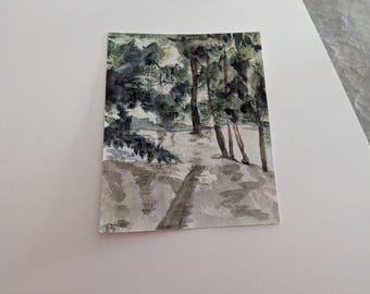 River forest. Landscape painting, original watercolor. cca.5"x6"