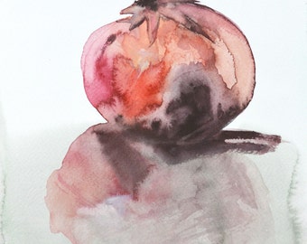 Original watercolor still life pomegranate. Overgrown reflection. Red, rust, brown, green 7.5"x9"