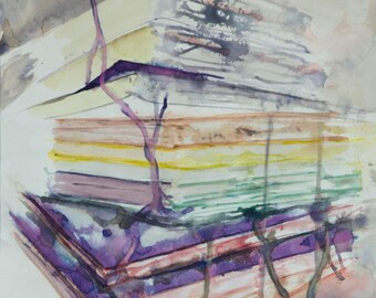Original abstract watercolor painting in intricate emerald and indigo hues (38x56cm, 15"x22")