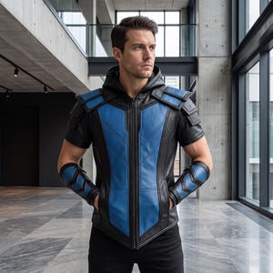 May include: A short-sleeved hooded jacket featuring a black and blue colour scheme with structured shoulder panels and matching forearm guards. The garment has a central zip closure and a fitted design with geometric paneling throughout.