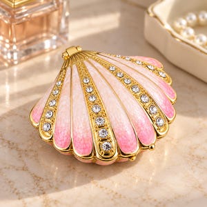 May include: A seashell-shaped compact mirror featuring a gold-tone metal frame and a gradient pink and white enamel finish. The exterior is decorated with rows of clear, sparkling rhinestones embedded along the ridges of the shell design.