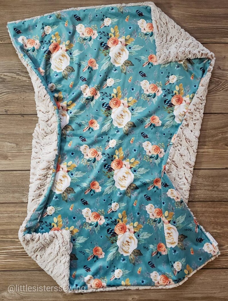 Lovey or Blanket Blue Ivory Floral Minky Baby Blanket Etsy