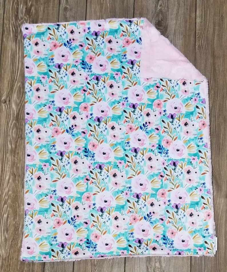 Pink Teal Floral Minky Baby Blanket Minky blanket baby Etsy