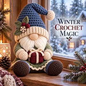 May include: A crochet gnome doll wearing a blue hat with a cream pom-pom, green leaves, red berries, and a wooden snowflake. The gnome has a cream beard, a green tunic, and brown feet, holding a small dark red gift box with a cream ribbon.