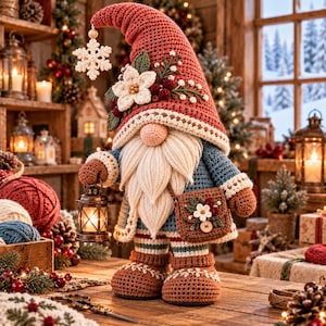 May include: A crocheted gnome figurine wearing a tall red hat adorned with a white flower and a hanging snowflake ornament. The gnome has a long white beard, a brown satchel with floral embroidery, and holds a small lit metal lantern.