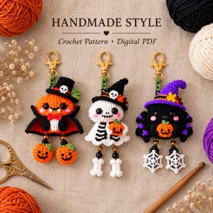 Halloween haakpatroon voor sleutelhangers (PDF), pompoen, vampier, skelet, heks, spin amigurumi, griezelig tashangerpatroon